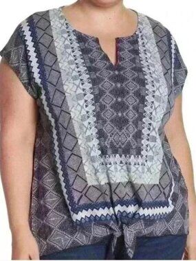 Lucky Brand Top Womens XL Blue Boho Print Tie Waist Lightweight Western Aztec